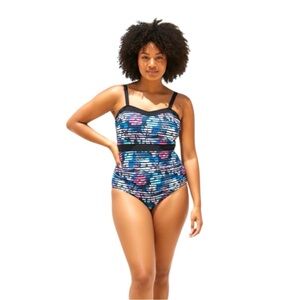 Cactus Floral One-Piece Swimsuit 18 Blue Black Stripe Topless Detachable Strap